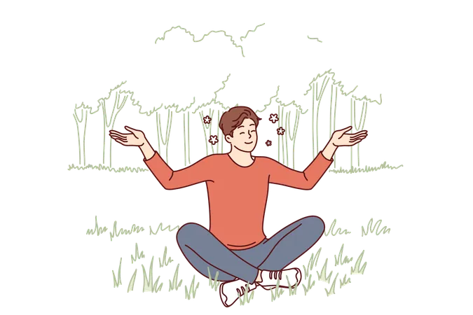 Young Guy Sits In Lotus Position On Lawn Doing Yoga And Meditating To Restore Strength Or Improve Mood Man Practices Yoga Enjoying Harmony And Following Recommendations Buddhist Spiritual Teachings Illustration