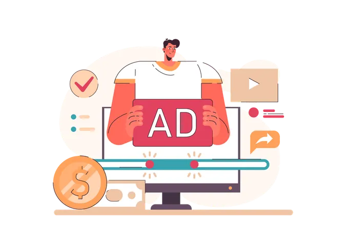 Passive Income In The Internet Character Making Money On Advertising On Blogs Easy Way To Receive Profit From Remote Source Flat Vector Illustration 일러스트레이션