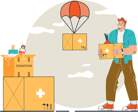 Man is donating boxes through parachute delivery  Illustration