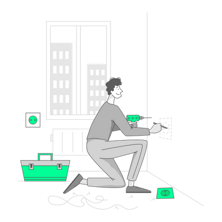 Man is drilling a hole for a socket Illustration