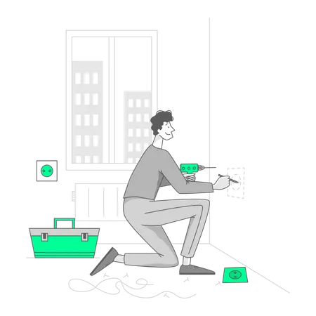 Man is drilling a hole for a socket  イラスト