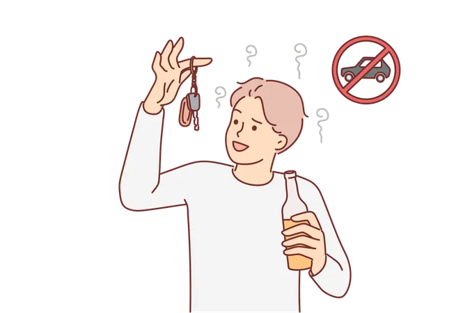 Drunk Man Driver Holding Car Key And Bottle Of Alcoholic Drink About To Commit Crime And Drive Irresponsible Guy Driver Drinks Beer Or Liquor In Bar And Feels Like Driving Vehicle イラスト