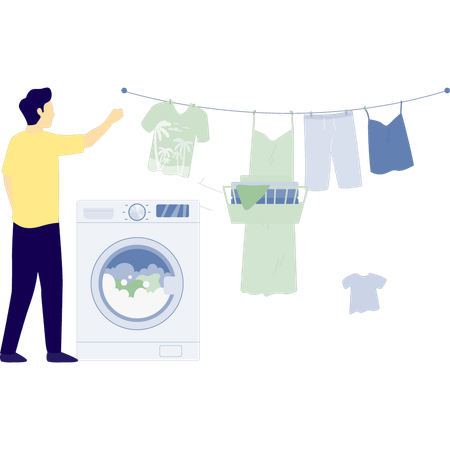 Man is drying clothes on rope  Illustration