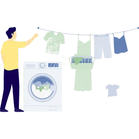 Man is drying clothes on rope  Illustration