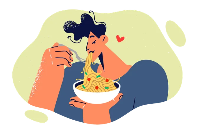 Man Eats Spaghetti Or Pasta Ordered From Italian Restaurant And Enjoys Long Awaited Dinner Young Guy Eats Appetizing Dish With Vegetables And Delicious Sauce To Remove Appetite Illustration