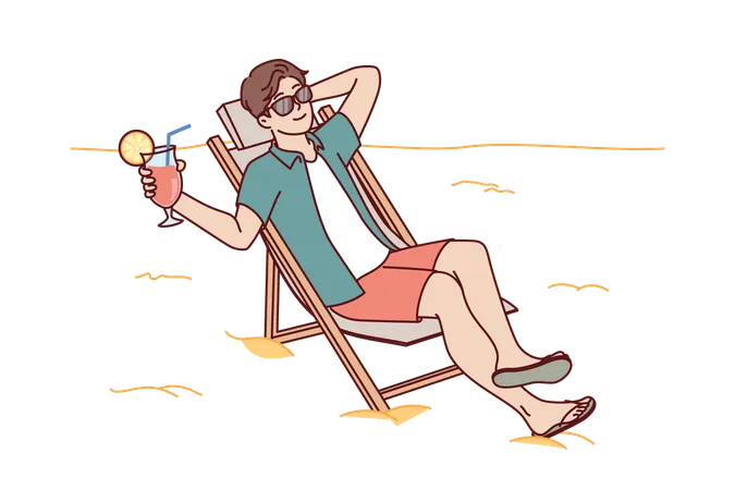 Man Tourist Is Sunbathing On Beach Sitting In Sun Lounger And Drinking Fruity Refreshing Cocktail Guy Tourist And Travel Lover Sunbathes Spending Vacation On Beach Of Sunny Ocean Illustration