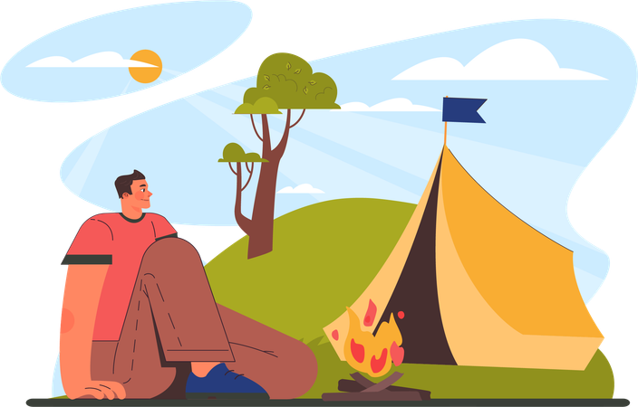 Man is enjoying camp fire in forest  Illustration