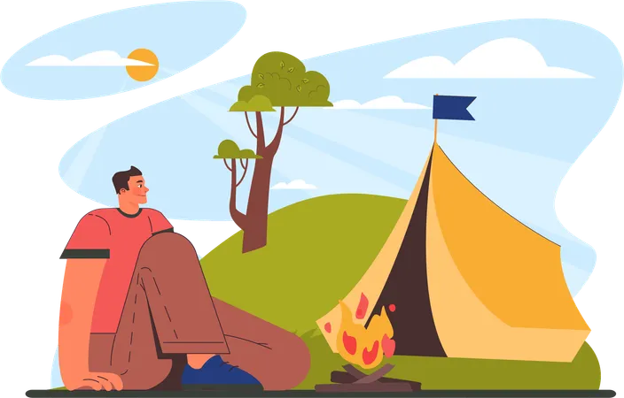 Man is enjoying camp fire in forest  Illustration