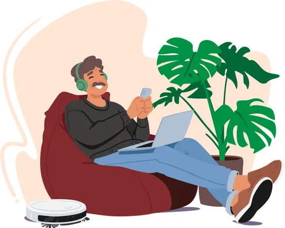 Joyful Senior Man Effortlessly Navigates Modern Technology Embracing The Convenience Of Smart Devices With A Radiant Smile Old Male Character With Laptop Smartphone Headphones And Vacuum Cleaner Illustration