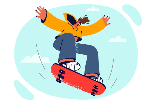 Man With Skateboard Jumps Up Doing Trick On Sports Ground Enjoys Adrenaline Rush From Riding Board Energetic Guy With Skateboard For Concept Of Active Lifestyle And Hobby For Teenagers Illustration