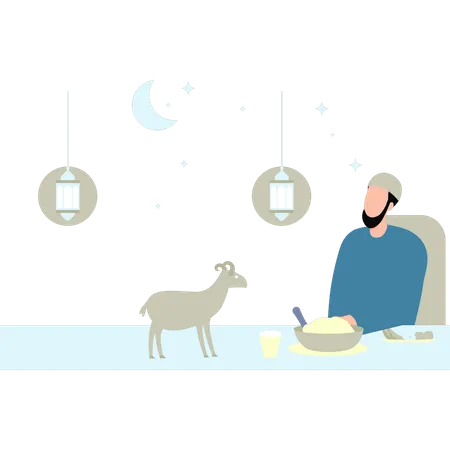 Man is feeding little goat  Illustration