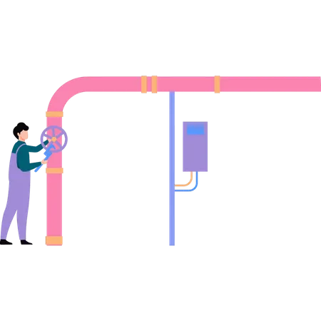 The Boy Is Fixing The Pipe Valve Illustration