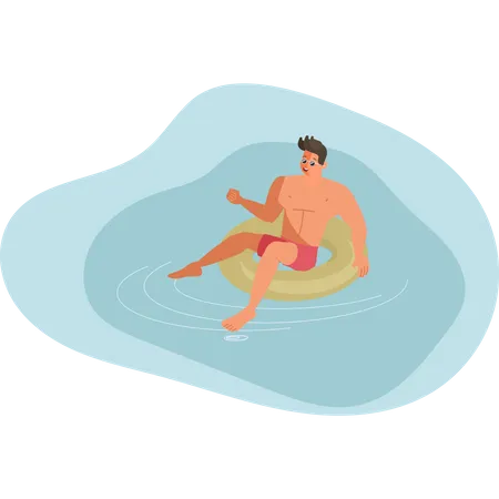 Man Is Floating On Swimming Ring In Water Illustration