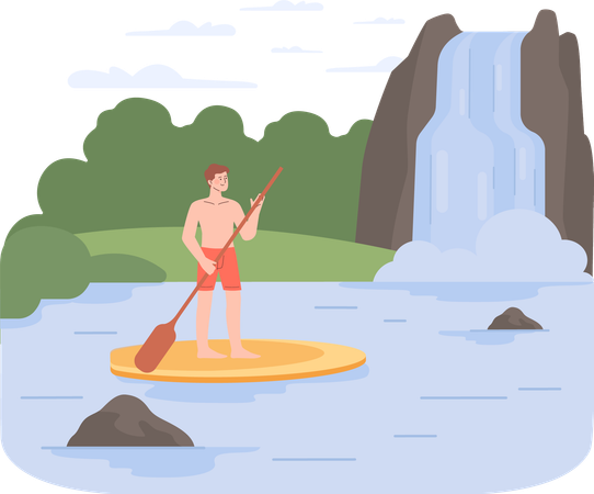 Man is floating on wooden log in river  イラスト