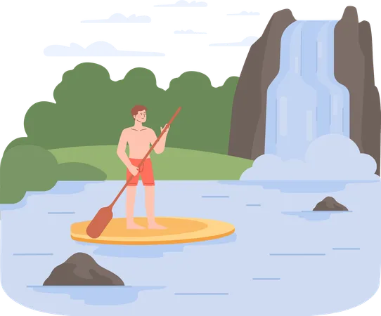 Man is floating on wooden log in river  イラスト