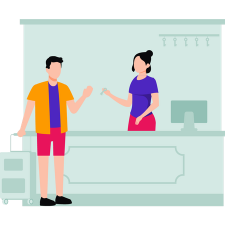 Man is getting the room key from the receptionist  Illustration