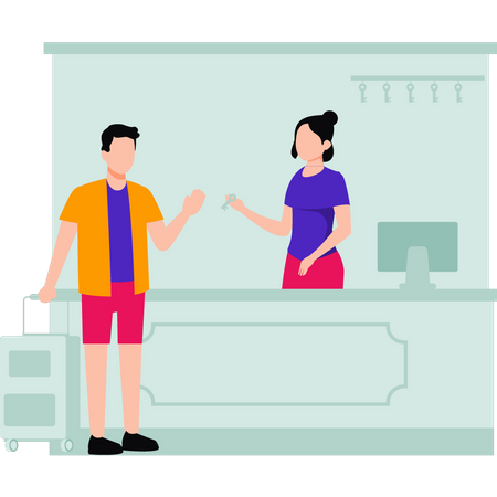 Man is getting the room key from the receptionist  Illustration