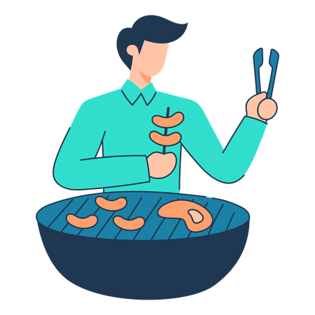 Man is grilling chicken pieces on barbeque  Illustration