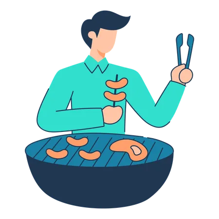 Man is grilling chicken pieces on barbeque  Illustration