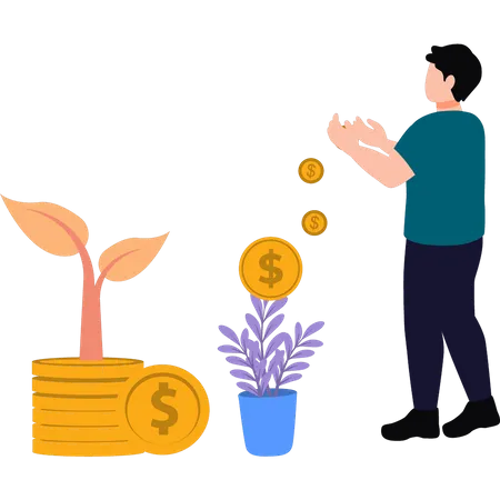 A Boy Is Growing Money Plants Illustration