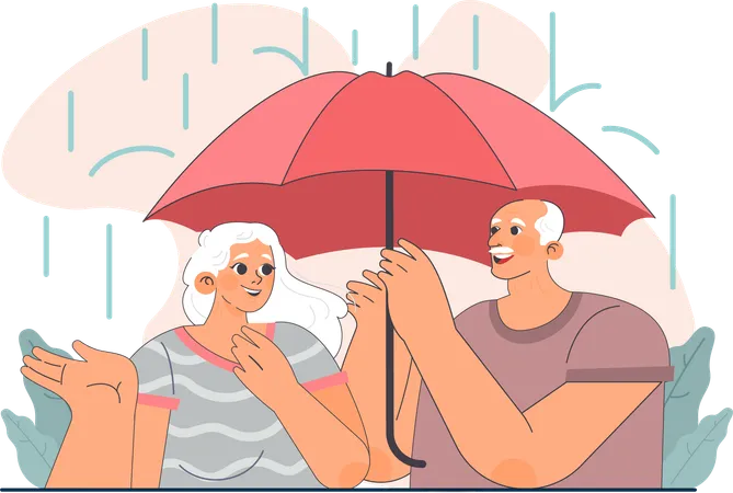 Man is helping woman in rainy weather  Illustration