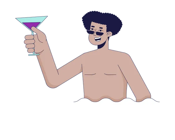 Man Holding Cocktail In Pool 2 D Linear Cartoon Character Hispanic Male With Glass In Water Isolated Line Vector Person White Background Poolside Party Fun Color Flat Spot Illustration Illustration