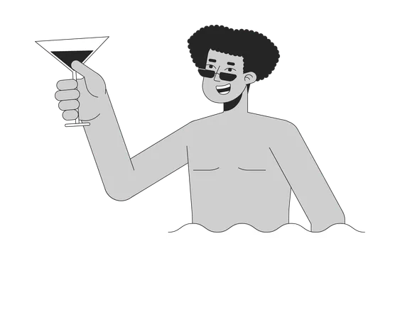 Man Holding Cocktail In Pool Black And White 2 D Line Cartoon Character Hispanic Male With Glass In Water Isolated Vector Outline Person Poolside Party Fun Monochromatic Flat Spot Illustration Illustration