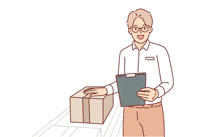 Man Warehouse Worker Stands Near Conveyor With Boxes And Holds Clipboard Checking Data On Parcels Warehouse Manager Guy Makes Career In Fulfillment Industry And Is Located Near Production Line Illustration