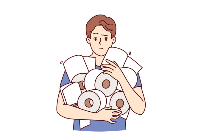 Man Holds Pile Of Toilet Paper In Hands Having Experienced Panic Due To Announcement Of Storm Warning Or Quarantine Funny Guy With Toilet Paper For Concept Of Shortage Of Hygiene Products In Store イラスト