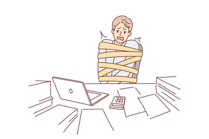 Man is hostage to own career sitting tied up behind office desk and suffering due to overtime work  Illustration