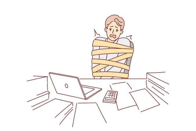 Man is hostage to own career sitting tied up behind office desk and suffering due to overtime work  Illustration