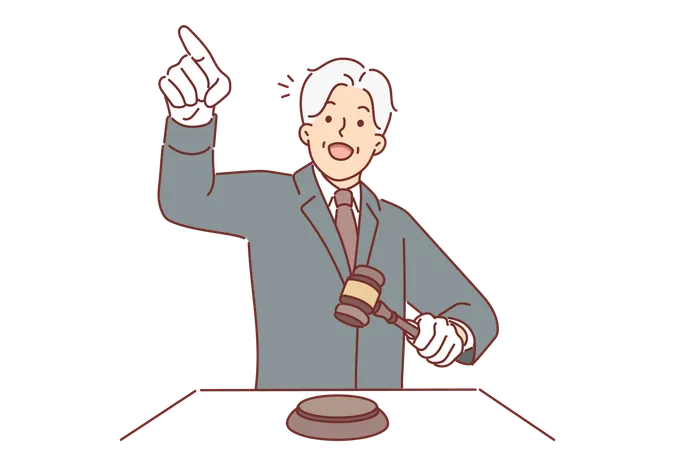 Man Auctioneer Holds Wooden Mallet And Points Finger At Potential Buyer Named Lowest Price For Item Elderly Human In Business Suit Works As Auctioneer Or Barker Selling Rare Goods Illustration