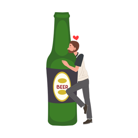 Man is hugging Oversized Beer Bottle I love beer  Illustration