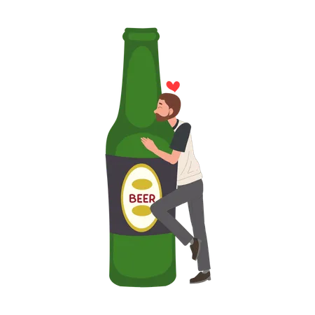 Tiny Man Is Hugging Oversized Beer Bottle I Love Beer Concept Illustration