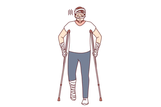 Ill Man With Bandages On Hands And Head Uses Walking Aids After Being Involved In Car Accident Guy Injured In Car Accident Needs Long Term Treatment And Rehabilitation To Restore Health Illustration