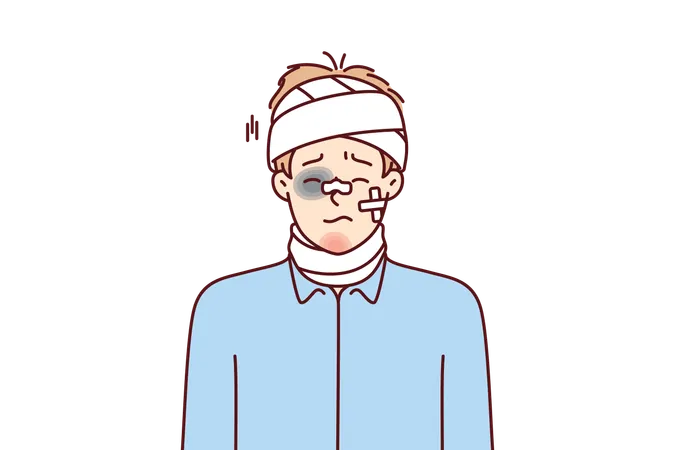 Beaten Man With Bandages On Head And Band Aid On Face After Accident Or Catastrophe Needs Medical Help Guy With Hematomas And Bruises After Being Beaten By Hooligans Or Falling From Great Height イラスト