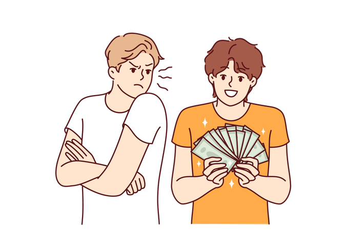 Man is jealous of rich friend showing off money bills earned in business or won in casino  Illustration