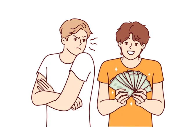 Man is jealous of rich friend showing off money bills earned in business or won in casino  Illustration