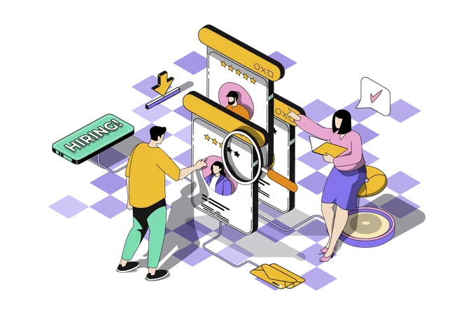 HR Process Web Concept In 3 D Isometric Design Man Is Looking For Best Employees And Looks At Online Applications Woman Reading Resumes For Vacancy Vector Web Illustration With People Isometry Scene Illustration