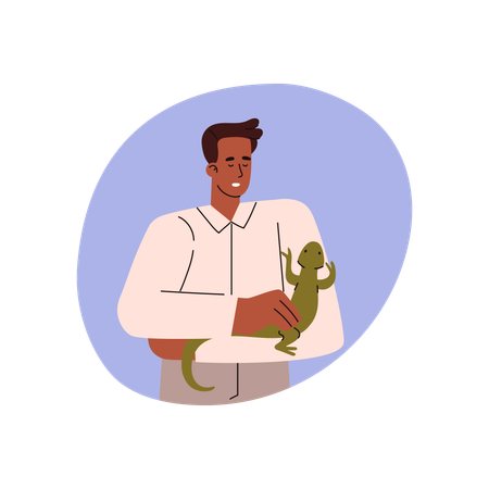 Man is looking on green iguana  Illustration