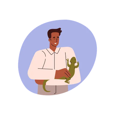 Man is looking on green iguana  Illustration