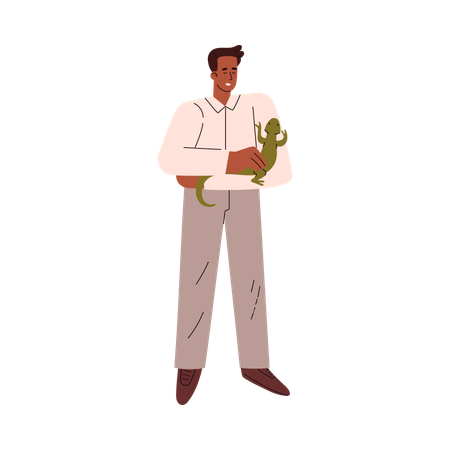 Man is looking on green iguana  Illustration