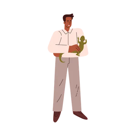 Man is looking on green iguana  Illustration