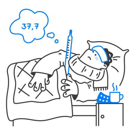 Sick man with high fever lying on bed  Illustration