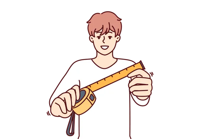 Man is measuring his waist with measuring tape  イラスト