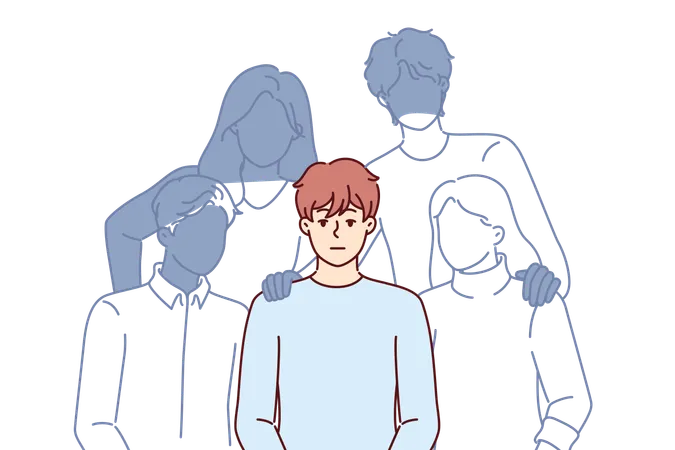 Man Sits Among Phnom Friends Helping To Cope With Problems As Metaphor For Loneliness And Lack Of Social Connections Guy Feels Insecure Due To Loneliness Causing Stress And Depression Illustration