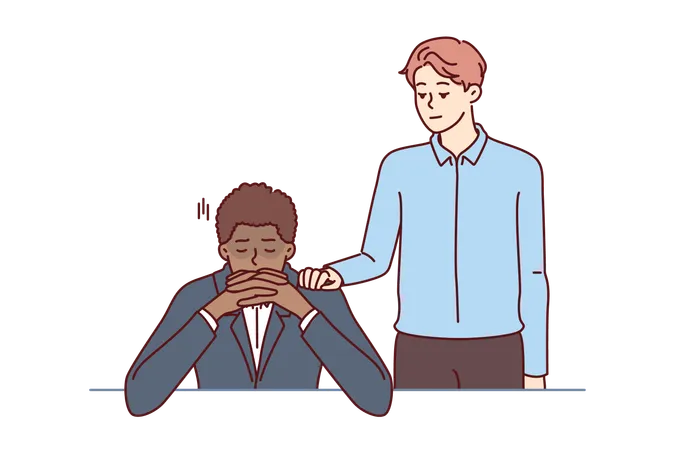 Man Provides Friendly Support To African American Colleague Fired Due To Lack Of Skills For Career In Business Kind Young Guy Supports Ethnic Person Who Is In Trouble Or Lost Business Illustration