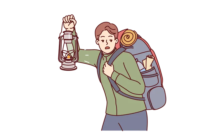 Man Is Engaged In Hiking And Carries Large Backpack On Back Holding Kerosene Lantern To Light Way In Dark Frightened Guy Hears Rustle In Bushes And Looks Around While Hiking In Forest Illustration