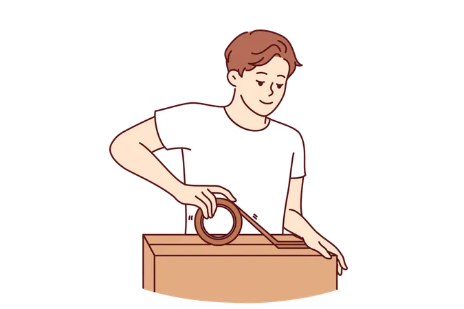 Man Packs Personal Belongings Into Cardboard Relocation Box And Seals Lid With Tape Positive Guy Small Business Owner Holding Box And Preparing Goods Ordered By Customer For Shipment Illustration