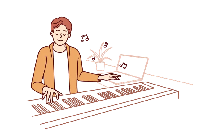 Man Plays Synthesizer Coming Up With Soundtrack For New Movie Or Tune For Popular Music Album Creative Guy Composer Plays Synthesizer Dreaming Of Becoming Musician Or Performing With Concerts イラスト